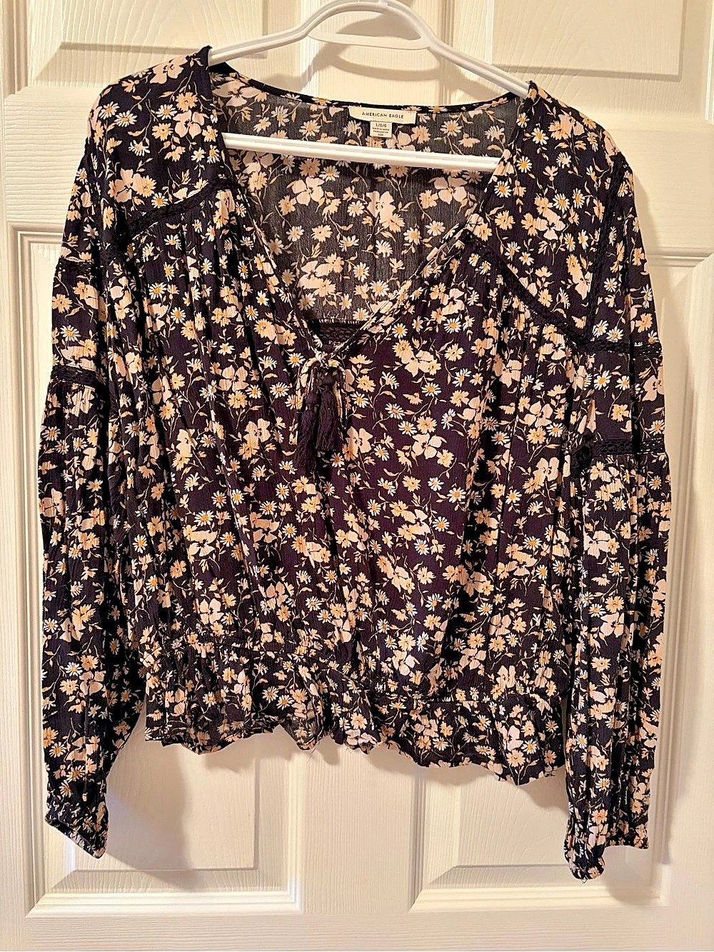 American Eagle Floral Long Sleeve Blouse in Black & Orange